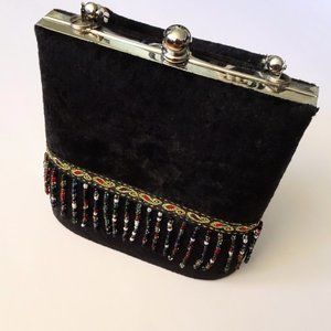 Moni Mini Black Velvet Beaded Fringe Clutch Purse